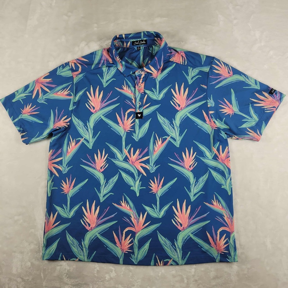 Bad Birdie Polo Shirt Men's XL Blue Floral AOP Performance Golf Active Stretch